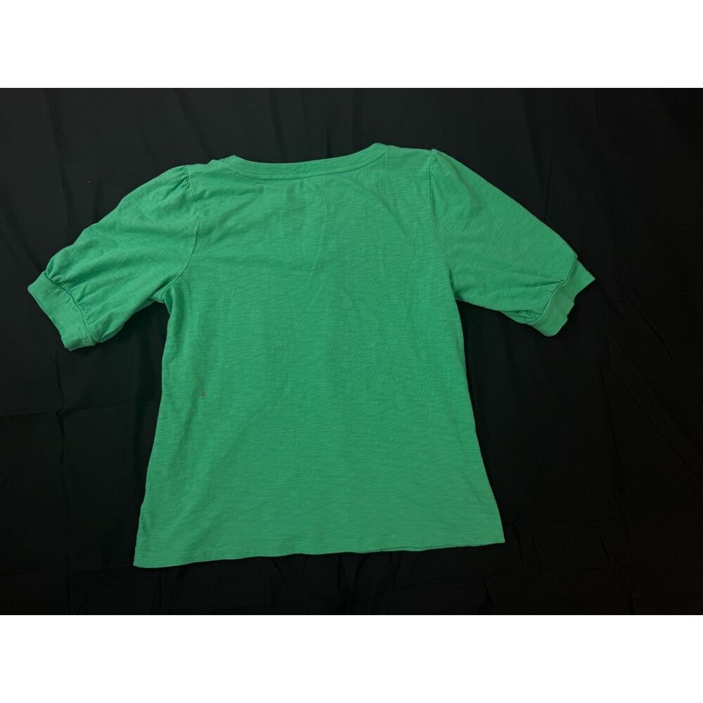 Talbots Petite M Green Puff Sleeve V Neck Slub Knit Top Blouse Casual